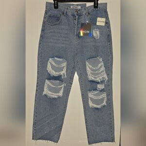 Casual Blue Ripped Mom Jeans